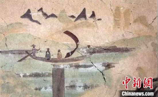“一人搖櫓晃扁舟，兩人撐篙水上漂?！眻D為莫高窟第323窟《搖櫓帆船》（初唐）?！《鼗脱芯吭汗﹫D