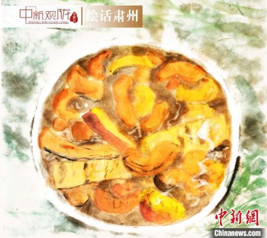 圖為酒泉美食“糊鍋”繪畫作品。　杜興彥 攝