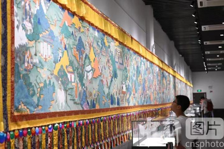 圖為一名小朋友觀看唐卡《涼州會(huì)盟》。 中新社記者 戴文昌 攝
