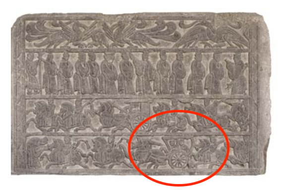 △漢代迎賓、車馬出行畫像石，現藏于臨沂市博物館。畫像石的第四層中有軺車出現。